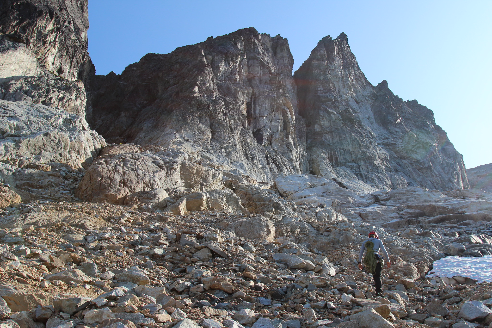 Me approaching Mount Terror from Crescent Creek to climb the West Ridge. The climb begins in the deep dark gully on the left and eventually climbs to the crest of the ridge with class 3 and 4 scrambling to the top. Photo by Tim Black.